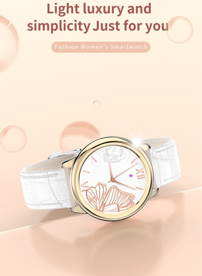 HDT8 Ladies Smart Watch, Life Waterproof Health Monitoring Bracelet, Large HD Screen Lightweight Smart Fitness Tracker For Women, (1pc, White And Golden, Leather Strap) - Image 3