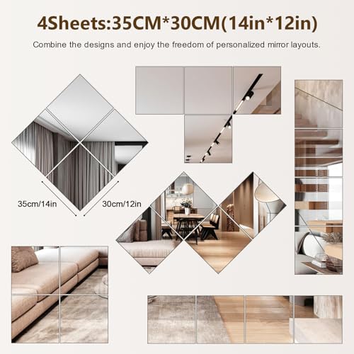 ShiftShade Wall Mirror Full Length, 12X14 Inch Unbreakable Tiles for Bedroom Home Gym Door, Acrylic Full Body Shatterproof Stickers for Walls, Sheets (4pcs) - Image 2