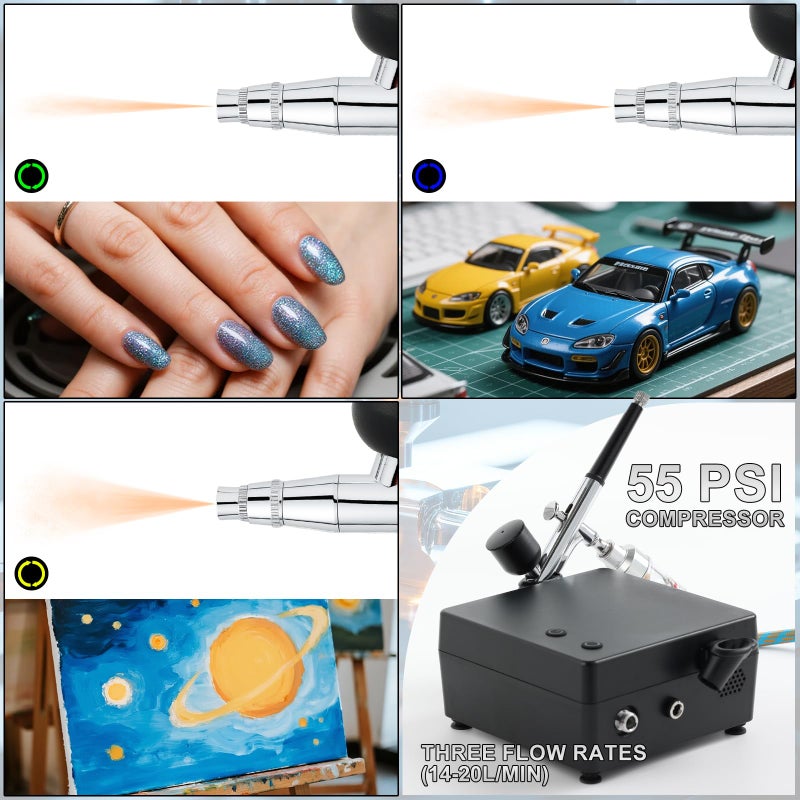 Roizefar Airbrush Kit with Compressor, 55 PSI Non-Clogging Air Brush Painting Set with 4x100ml Cleaner, 0.2/0.3/0.5mm Nozzles & Cleaning Brush, Ideal for Painting, Modeling, Nail Art, Makeup - Image 3