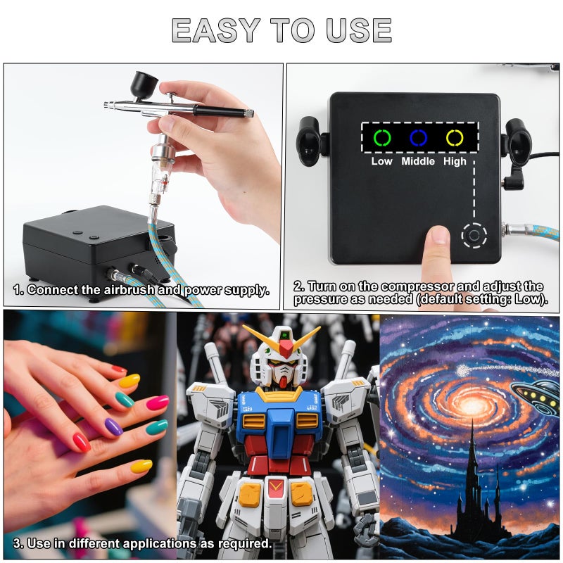 Roizefar Airbrush Kit with Compressor, 55 PSI Non-Clogging Air Brush Painting Set with 4x100ml Cleaner, 0.2/0.3/0.5mm Nozzles & Cleaning Brush, Ideal for Painting, Modeling, Nail Art, Makeup - Image 5