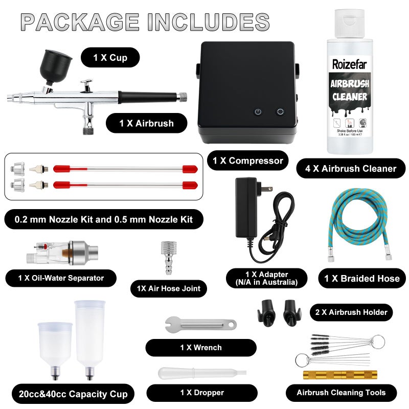 Roizefar Airbrush Kit with Compressor, 55 PSI Non-Clogging Air Brush Painting Set with 4x100ml Cleaner, 0.2/0.3/0.5mm Nozzles & Cleaning Brush, Ideal for Painting, Modeling, Nail Art, Makeup - Image 2