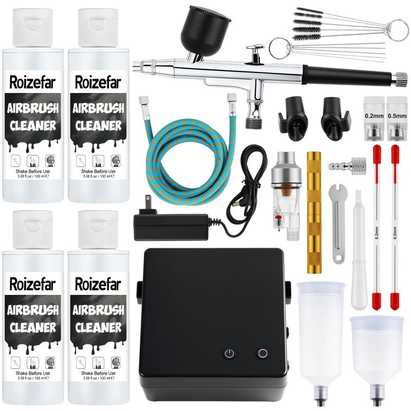 Roizefar Airbrush Kit with Compressor, 55 PSI Non-Clogging Air Brush Painting Set with 4x100ml Cleaner, 0.2/0.3/0.5mm Nozzles & Cleaning Brush, Ideal for Painting, Modeling, Nail Art, Makeup - Image 1