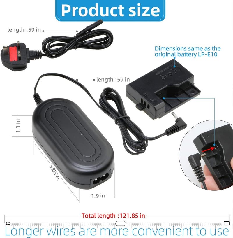 Glorich ACK-E10 replacement AC Power Adapter kit for Canon EOS 1100D, 1200D, 1300D, 1500D, 2000D, Rebel T3, Rebel T5, Rebel T6, Rebel T7, Kiss X50, Kiss X90 Digital Cameras - Image 5