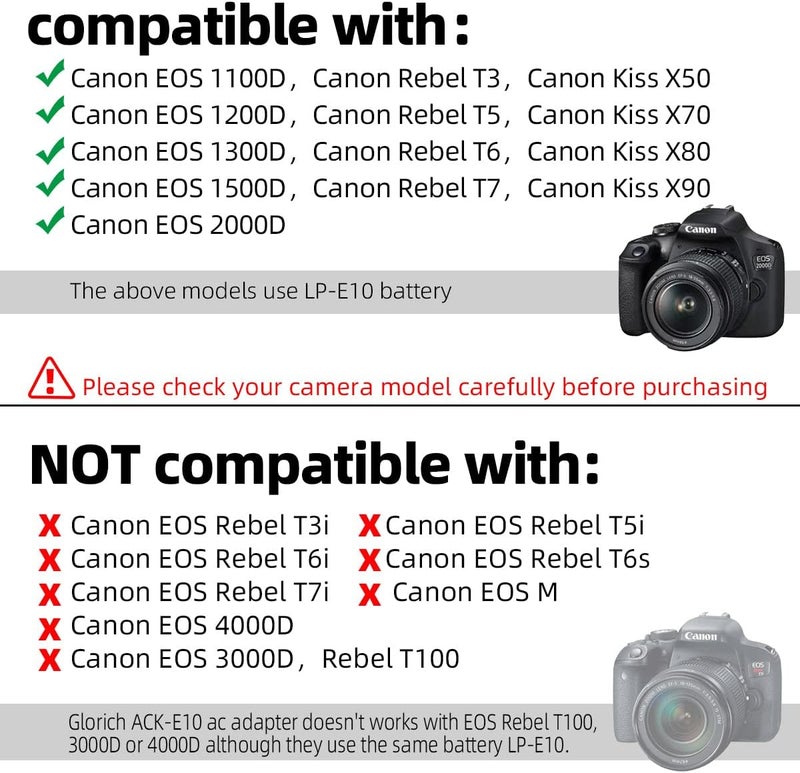 Glorich ACK-E10 replacement AC Power Adapter kit for Canon EOS 1100D, 1200D, 1300D, 1500D, 2000D, Rebel T3, Rebel T5, Rebel T6, Rebel T7, Kiss X50, Kiss X90 Digital Cameras - Image 3