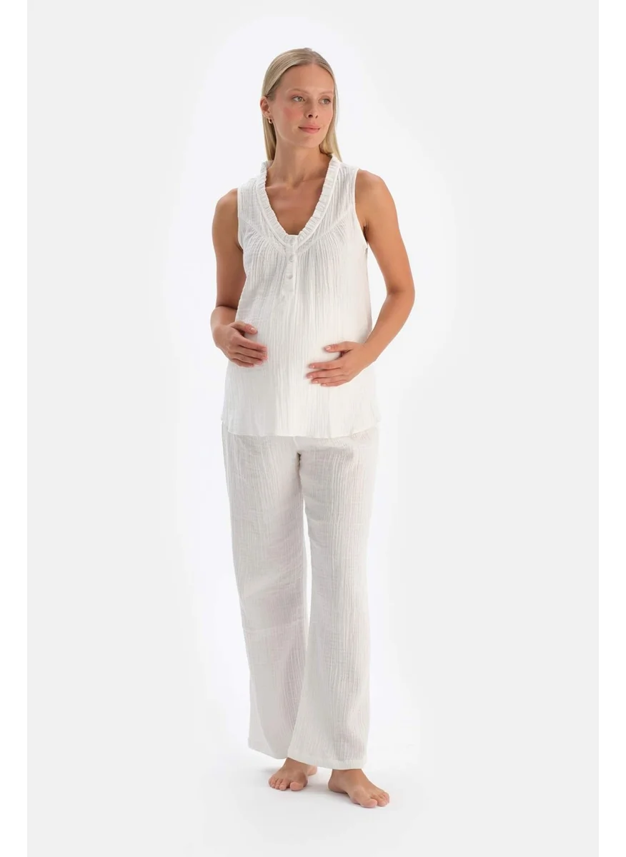 dagi White Muslin Maternity Long Pajama Bottoms