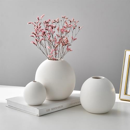 FUNTEREST Ceramic Vase Set of 3 for Modern Home Decor, Boho Vase White Round Vase Minimalist Decorative Vase for Table Centerpiece Wedding Dining Living Room Office Entryway Coffee Table Decor - Image 3