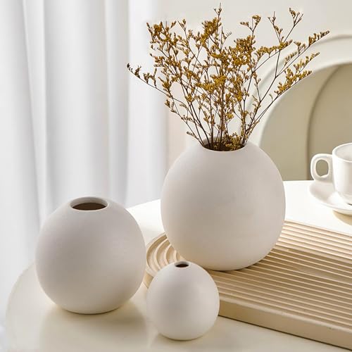 FUNTEREST Ceramic Vase Set of 3 for Modern Home Decor, Boho Vase White Round Vase Minimalist Decorative Vase for Table Centerpiece Wedding Dining Living Room Office Entryway Coffee Table Decor - Image 1