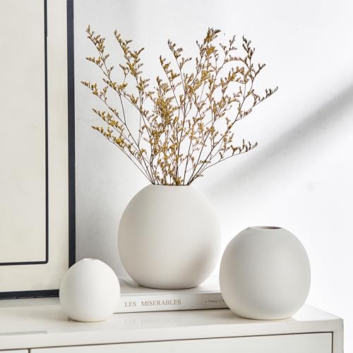 FUNTEREST Ceramic Vase Set of 3 for Modern Home Decor, Boho Vase White Round Vase Minimalist Decorative Vase for Table Centerpiece Wedding Dining Living Room Office Entryway Coffee Table Decor - Image 4