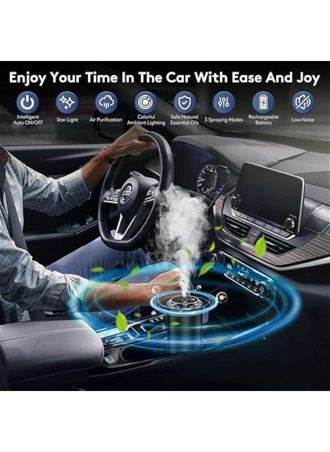 Rechargeable Car Air Freshener Diffuser with Ambient Light and Starlight Projector, Automatic On/Off, Adjustable Fragrance Concentration - 50ml Fragrance Included