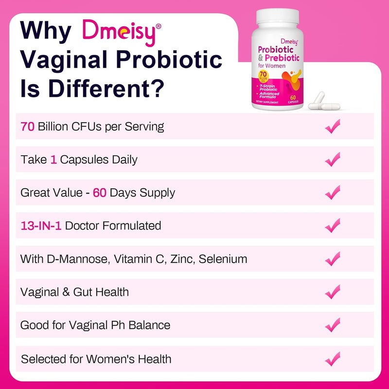 Dmeisy Vaginal Probiotics 70 Billion CFU Probiotics for Women 13in1 Womens Probiotic  Organic Prebiotics for Vaginal Urinary pH Balance Immune Gut  Digestive Bloating Health  2 Months Supply - Image 3