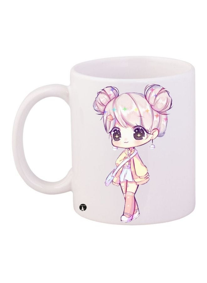 Cartoon Girl Printed Coffee Mug White/Beige/Pink 11ounce