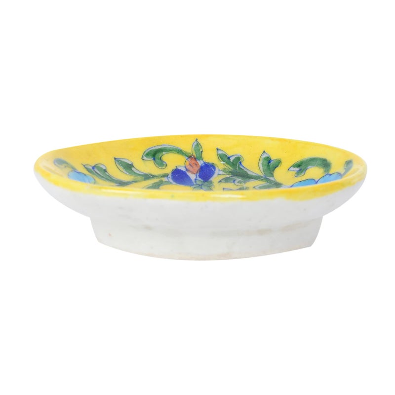 ARTS & CRAFTS Blue Pottery SOAP Stand, Yellow Base Multi Colour Floral Hand Painted Tray - Image 5