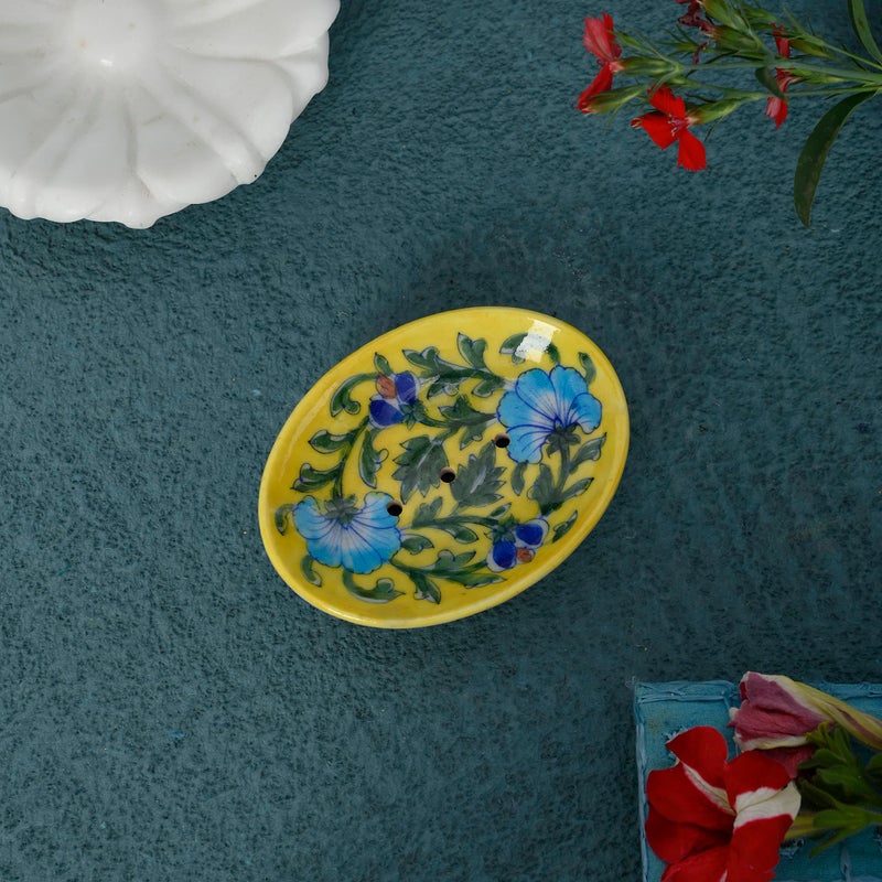 ARTS & CRAFTS Blue Pottery SOAP Stand, Yellow Base Multi Colour Floral Hand Painted Tray - Image 4