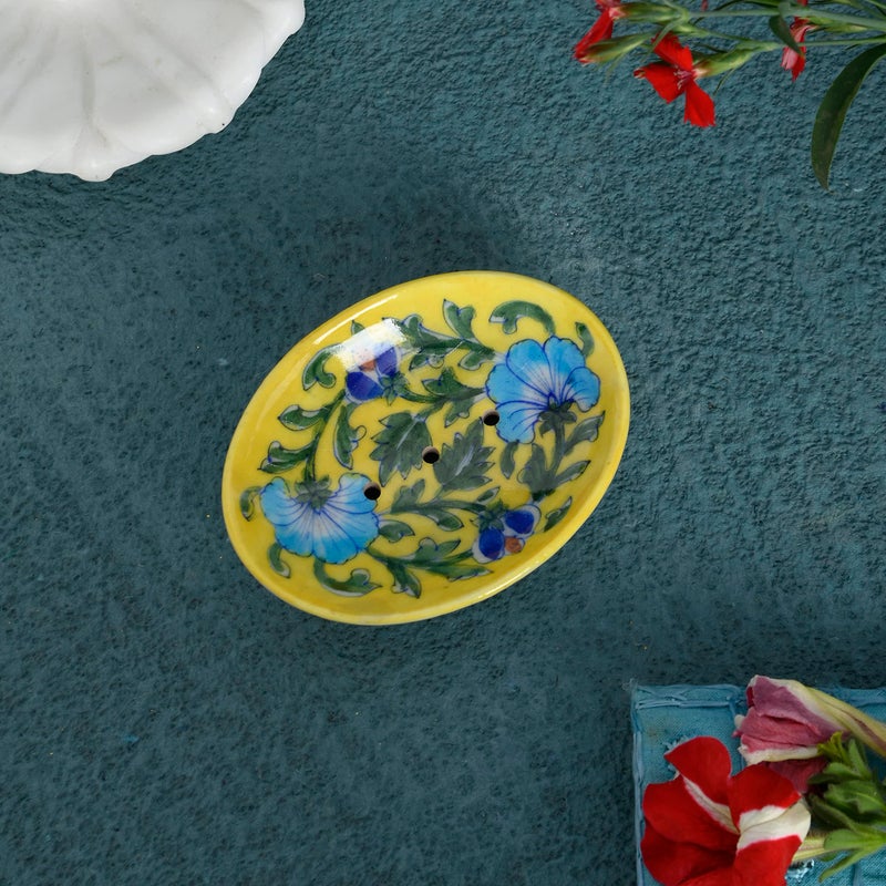 ARTS & CRAFTS Blue Pottery SOAP Stand, Yellow Base Multi Colour Floral Hand Painted Tray - Image 3