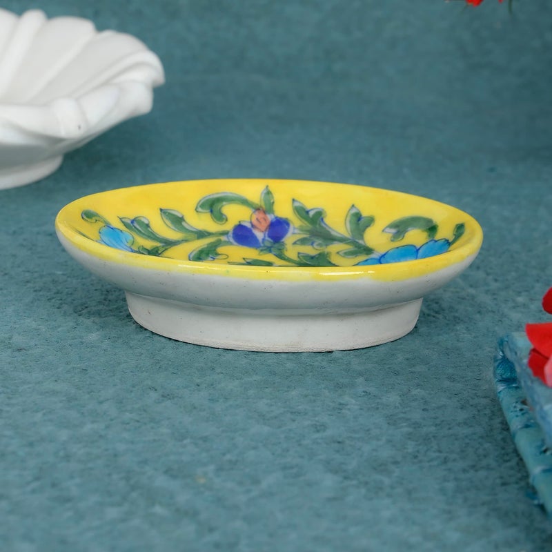 ARTS & CRAFTS Blue Pottery SOAP Stand, Yellow Base Multi Colour Floral Hand Painted Tray - Image 1
