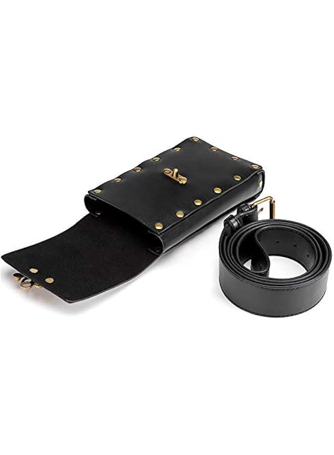 Belt Pouch Waist Bag Pack Medieval Vintage Leather Pouch Cellphone Holder Holster Carry Belt Purse Pocket Casual Hiking Festival Renaissance Faire Costume Props Travel Wallet (Black)  - Image 3