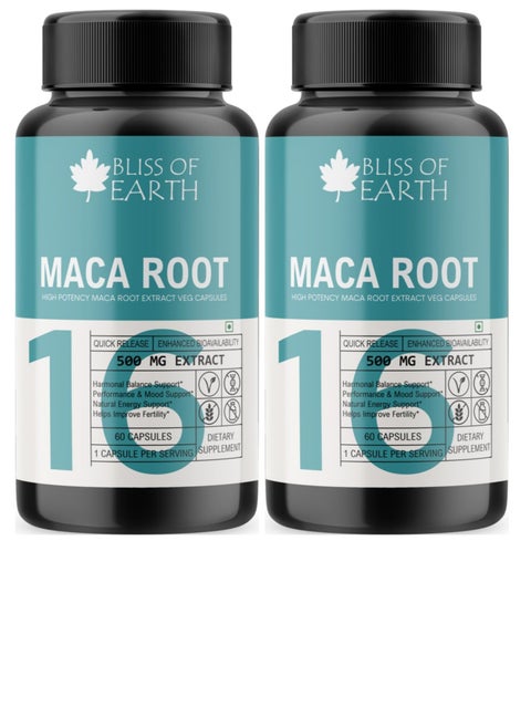 Bliss of Earth Maca Root Extract Capsules For Men and Women 500mg High Potency Root Extract 60 Veg Capsules For Pre Workout Energy Stamina and Endurance Pack of 2