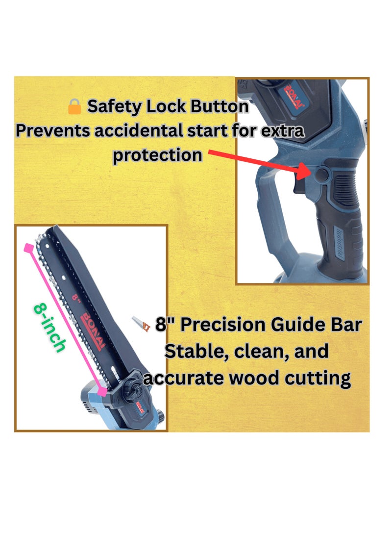 BONAI BONAI 8" Cordless Mini Chainsaw with 88VF Battery, Electric Portable Wood Cutter, One-Handed Tree Saw with Safety Lock & Tool-Free Chain, for Tree Trimming, Gardening & Firewood  - Image 2