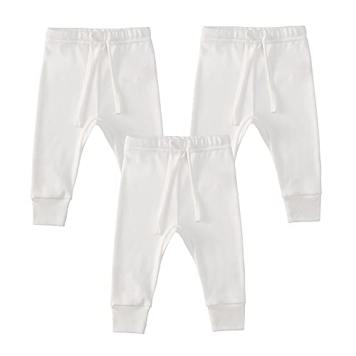 Owlivia Organic Cotton Baby Boy Girl 3-Pack Wiggle Pants Jogging Pants (3pack Off-White, 0-3Months) - Image 1