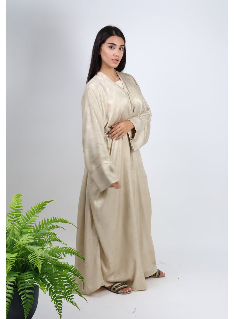 JAMEELA Gold Metallic Open Abaya With Sheila and Inner - Image 3