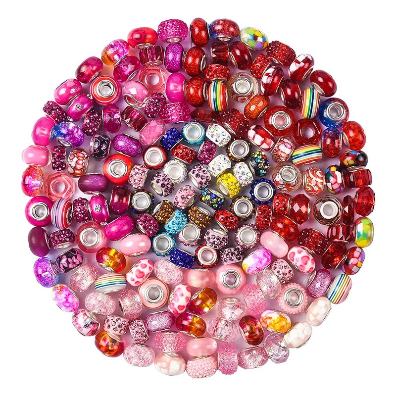 Aipridy Assortment European Large Hole Beads Spacer Beads Rhinestone Craft Beads for DIY Charms Bracelet Jewelry Making (Rose-Red-Rose red) - Image 1