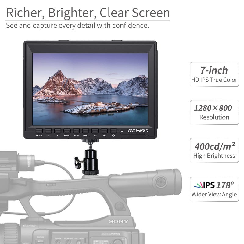 FEELWORLD FW759 شاشة ميدان كاميرا DSLR بحجم 7 بوصة HD فيديو مساعد نحيف IPS 1280x800 4K HDMI 1080p مع واقي شمس - Image 3