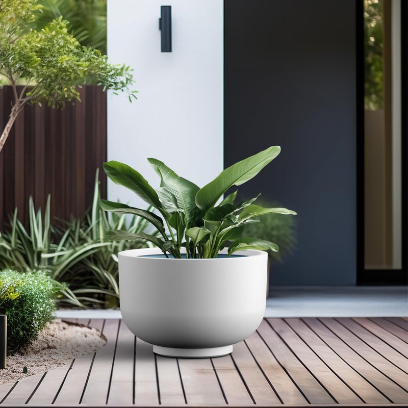 Kante 17.7 Inch Dia Concrete Bowl Planter, Large Tapered Bottom Plant Pot with Drainage, Smooth White Finish with Painted Interior, Ideal for Porch, Home, Garden, Patio - Image 3