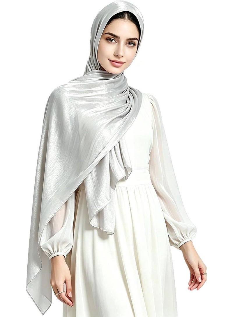 Silver Grey Shiny Gloss Chiffon Hijab Scarf 180*70cm, Women Elegant Lightweight Wedding Shawl Wrap Cape - Image 1