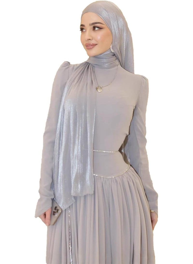 Silver Grey Shiny Gloss Chiffon Hijab Scarf 180*70cm, Women Elegant Lightweight Wedding Shawl Wrap Cape - Image 2