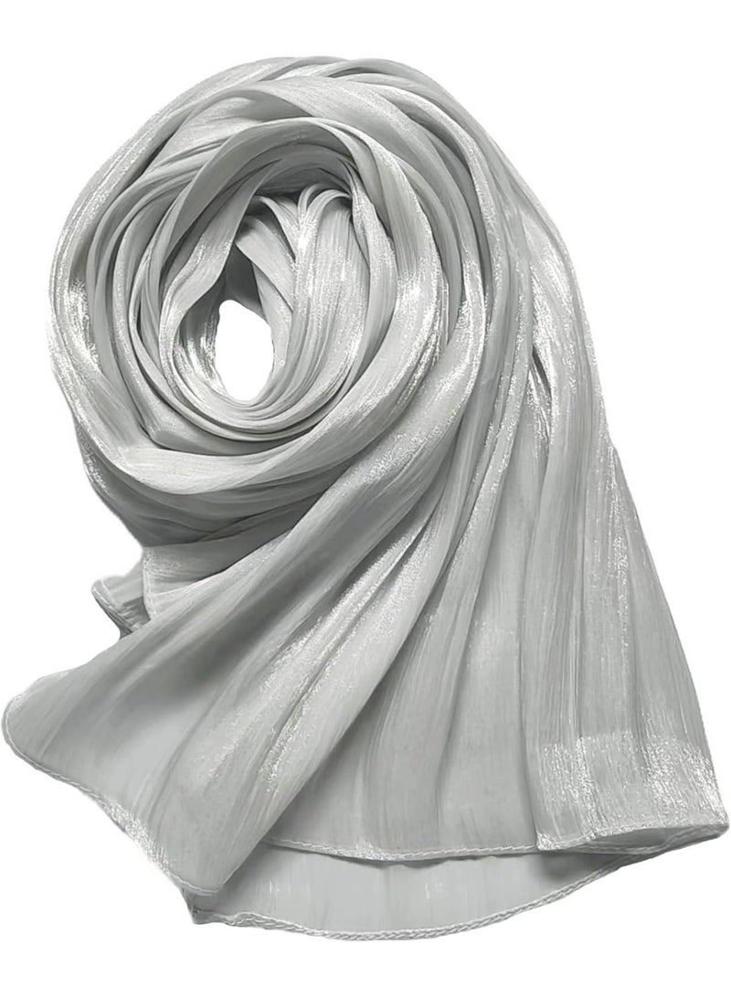 Silver Grey Shiny Gloss Chiffon Hijab Scarf 180*70cm, Women Elegant Lightweight Wedding Shawl Wrap Cape - Image 4