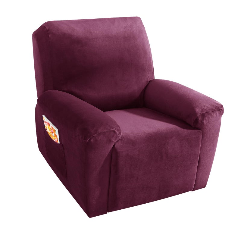 MAXIJIN Velvet 4 Piece Recliner Cover Stretch Plush Soft Cover for Recliner Chair Thick Soft Recliner Chair Slipcover Separate Chair Cover for Recliner with Side Pocket Wine Red