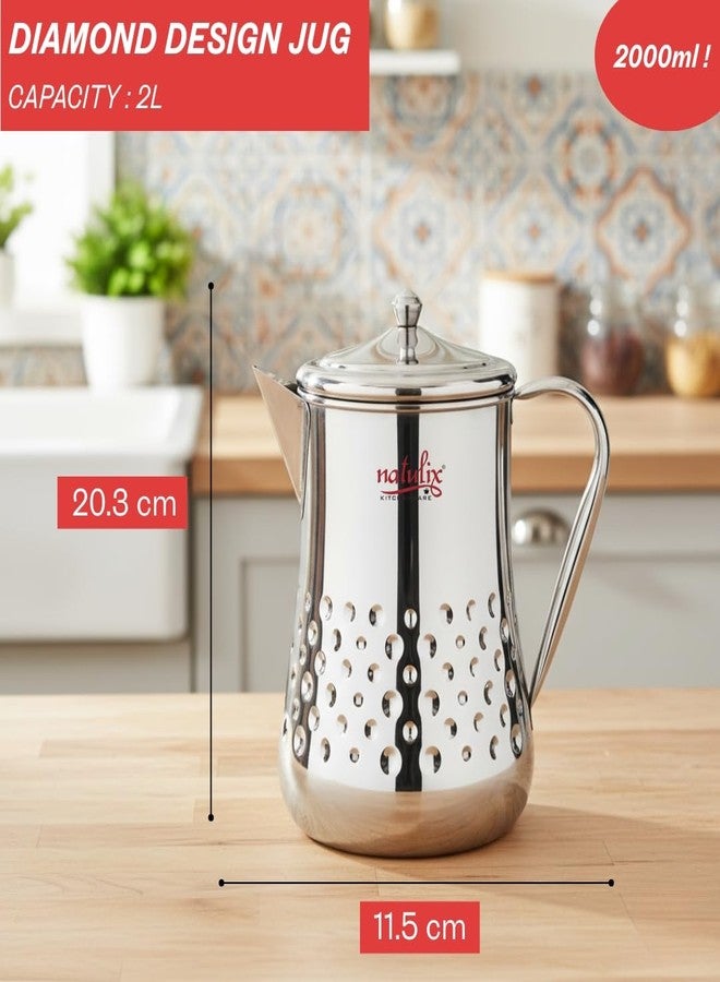 Natulix Stainless Steel Jug - 2 LTR, Durable & Elegant Beverage Jug for Serving Water, Juices, Lemonade and Other Drinks, Ideal for Daily Use, Parties & Special Occasions, Silver (Tulip Daimond) - Image 2