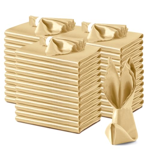 VACVELT 100 Pack Gold Satin Scalloped Square Napkins 17x17 Inch Wedding Party Napkins Luxury Satin Fabric Machine Washable - Image 1