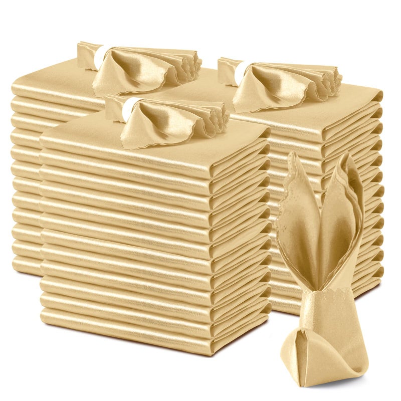 VACVELT 100 Pack Gold Satin Scalloped Square Napkins 17x17 Inch Wedding Party Napkins Luxury Satin Fabric Machine Washable - Image 2
