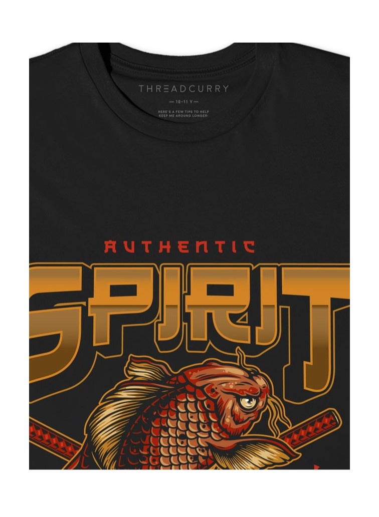 THREADCURRY Samurai Boys Black Printed Round Neck T-shirt