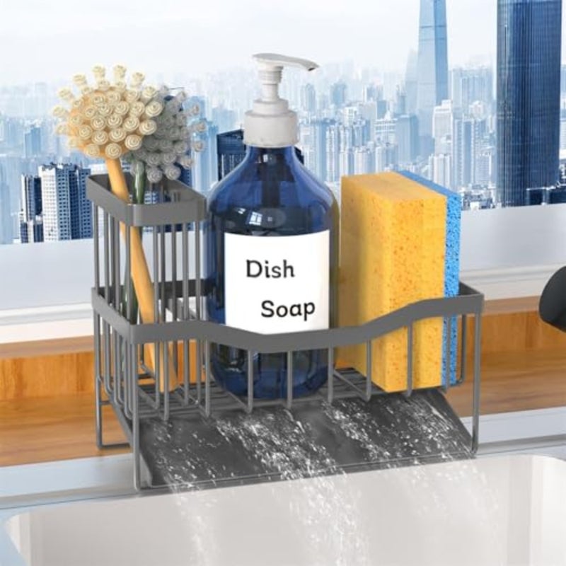 Sink Caddy Sponge Holder for Kitchen with Brush Holder and Stainless Steel Self Drain Tray, Rustproof Kitchen Sink Organizer for Sponge, Soap Dispenser Storage Accessories