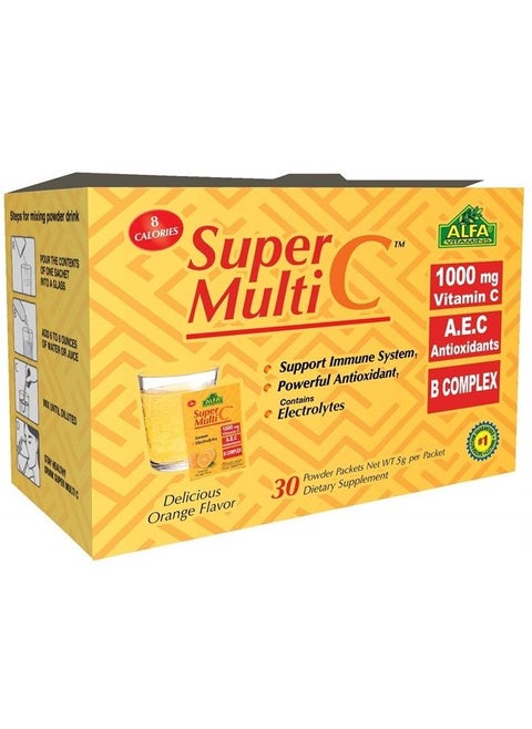 Super Multi C, Vitamin C Powder and Multivitamin Supplement Premium Quality Source of Nutrients, Minerals, Antioxidants & Electrolytes - 30 Packets