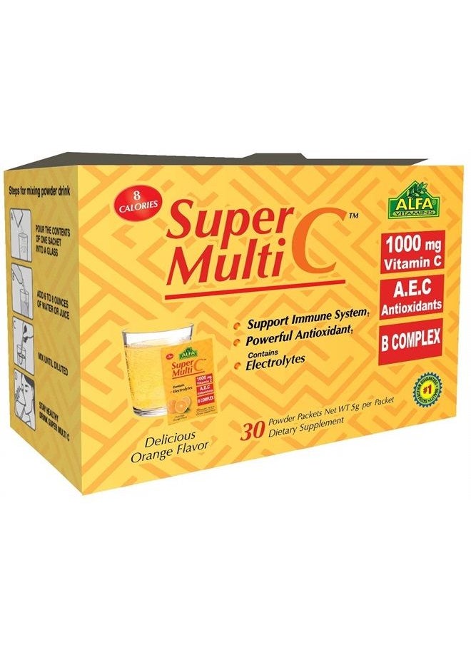 alfa vitamins Super Multi C, Vitamin C Powder and Multivitamin Supplement Premium Quality Source of Nutrients, Minerals, Antioxidants & Electrolytes - 30 Packets  - Image 1