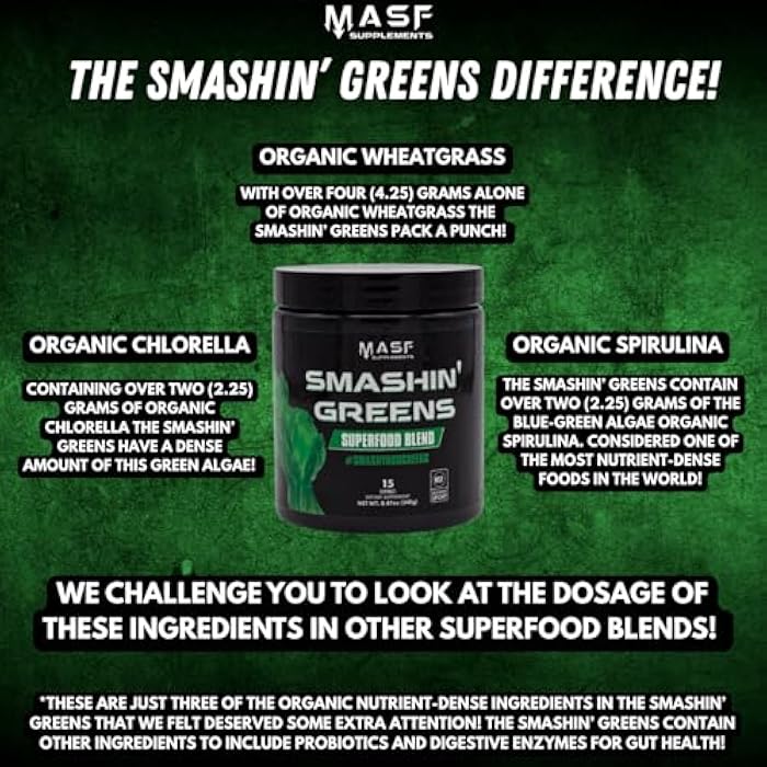MASF Supplements Smashin' Greens Superfood Organic Blend - 15 Servings - Boost Energy, Immune Support, Digestive Health with Organic Wheat Grass, Spirulina, Chlorella - NSF Certified - Image 5