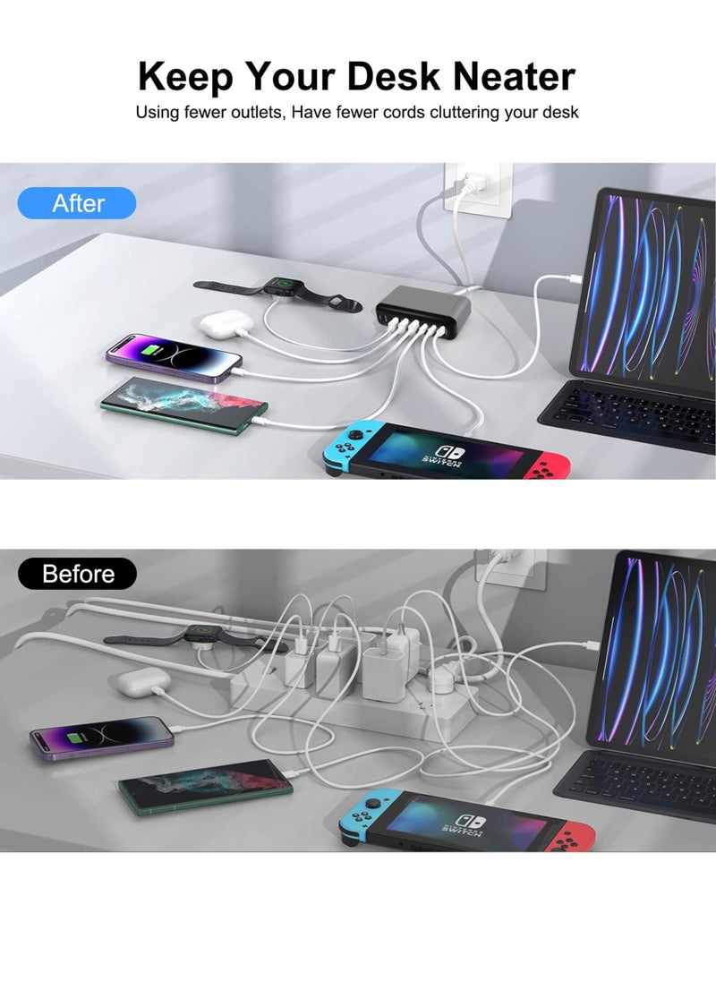 جورفنت - شاحن USB A&USB C بقوة 600 وات، 8 منافذ، محطة شحن سطح المكتب متعددة المنافذ، محول طاقة لشاحن الكمبيوتر المحمول، قابس حائط سريع الشحن مع سلك طاقة بطول 1.5 متر، أسود - Image 1