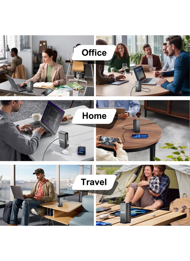 جورفنت - شاحن USB A&USB C بقوة 600 وات، 8 منافذ، محطة شحن سطح المكتب متعددة المنافذ، محول طاقة لشاحن الكمبيوتر المحمول، قابس حائط سريع الشحن مع سلك طاقة بطول 1.5 متر، أسود - Image 1