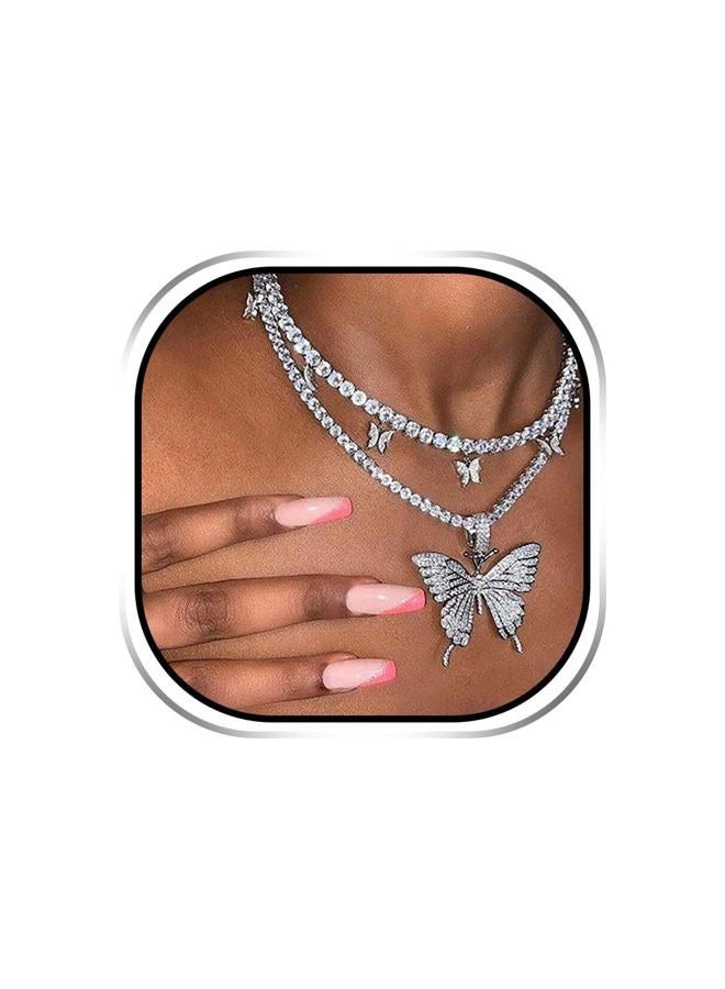 Earent Crystal Butterfly Choker Necklace Rhinestone Pendant Necklaces Chain Sparkly Butterfly Jewerly Fashion Party Accessories for Women and Girls, Metal, No Gemstone - Image 1