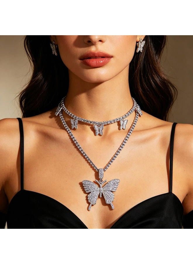 Earent Crystal Butterfly Choker Necklace Rhinestone Pendant Necklaces Chain Sparkly Butterfly Jewerly Fashion Party Accessories for Women and Girls, Metal, No Gemstone - Image 3