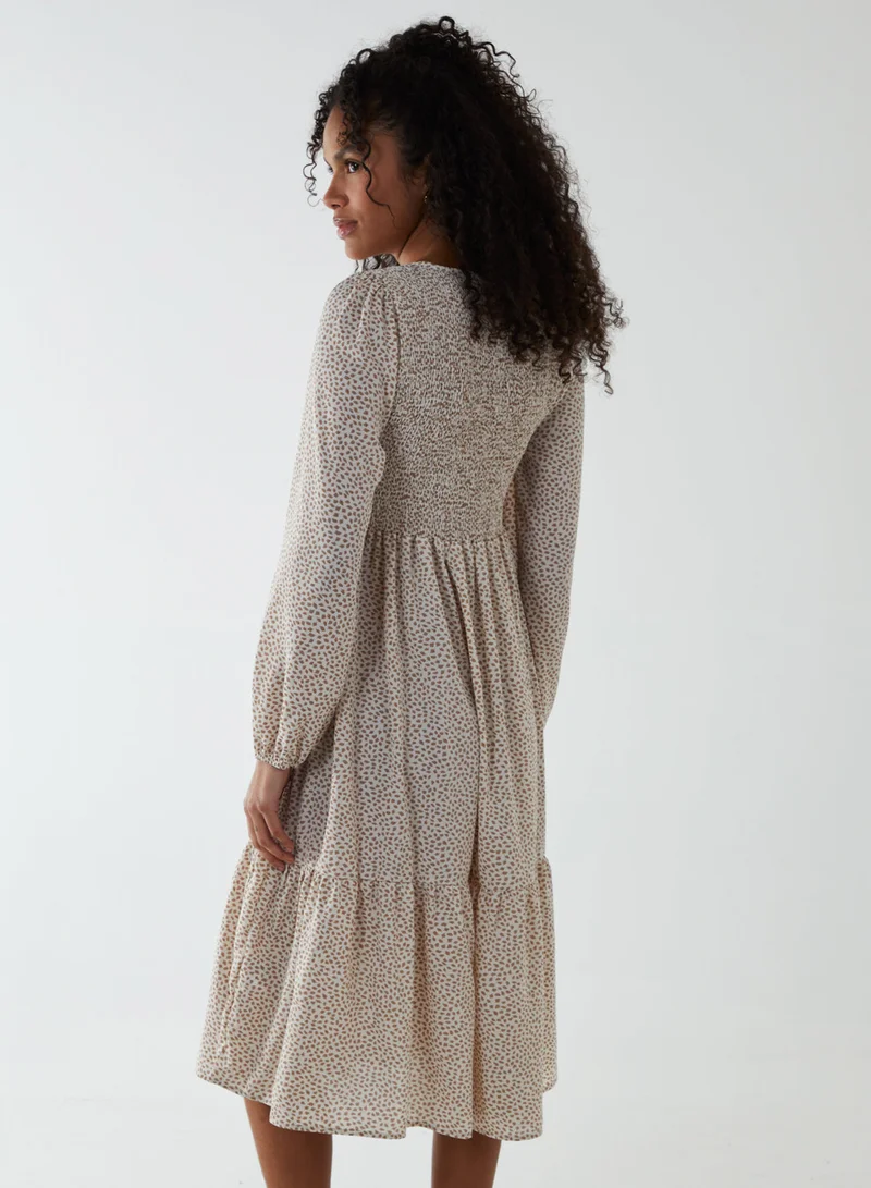 Blue Vanilla Printed Long Cuff Sleeve Shirred Waist Dress