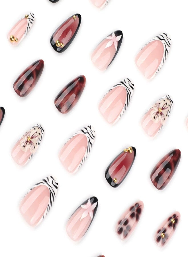 QQPPOLIU Brown Almond Press on Nails French Tip Short Fake Nails With Flower and Cute Design for Women and Girls 24pcs - Image 4