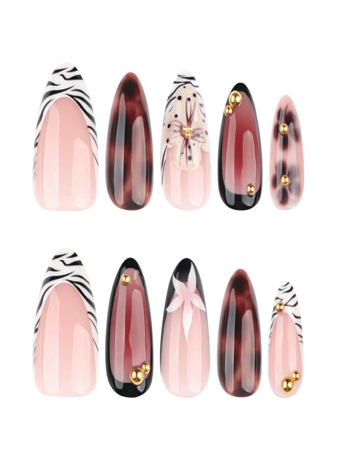 QQPPOLIU Brown Almond Press on Nails French Tip Short Fake Nails With Flower and Cute Design for Women and Girls 24pcs - Image 5