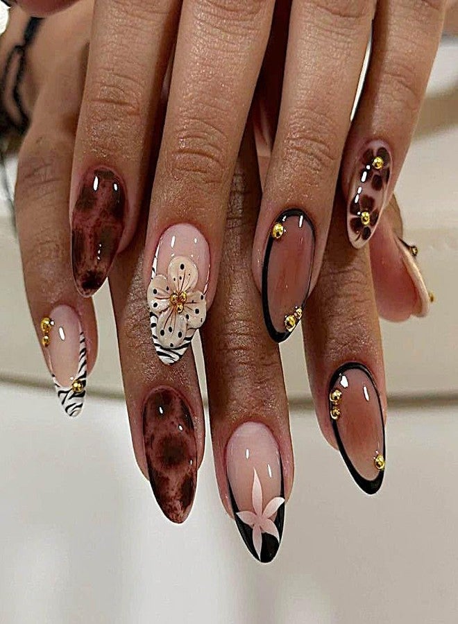QQPPOLIU Brown Almond Press on Nails French Tip Short Fake Nails With Flower and Cute Design for Women and Girls 24pcs - Image 1