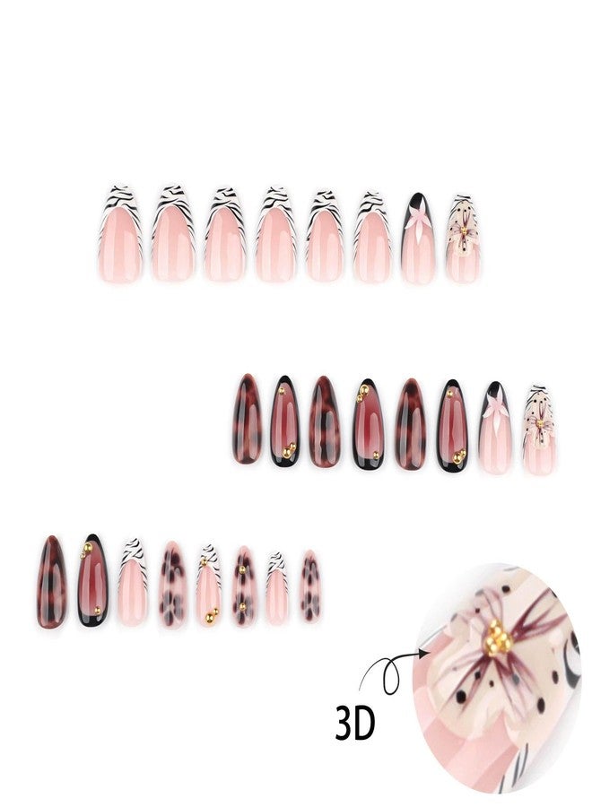 QQPPOLIU Brown Almond Press on Nails French Tip Short Fake Nails With Flower and Cute Design for Women and Girls 24pcs - Image 3