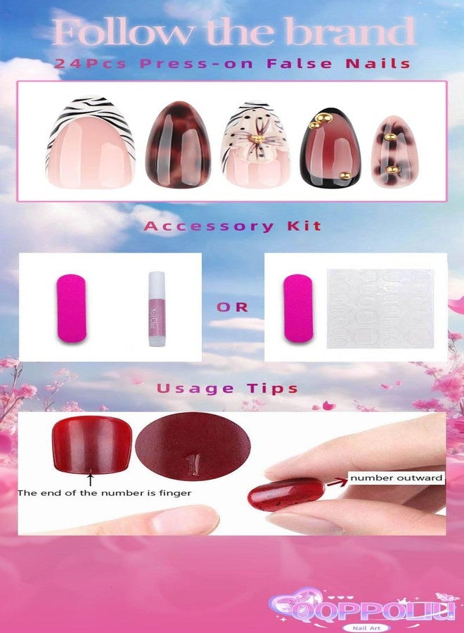QQPPOLIU Brown Almond Press on Nails French Tip Short Fake Nails With Flower and Cute Design for Women and Girls 24pcs - Image 2