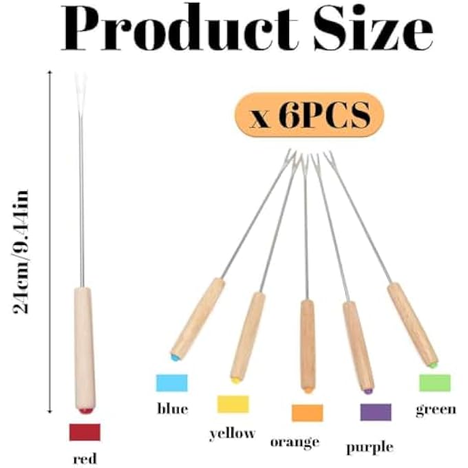 ريحني 6 قطع من شوك الفوندو بمقبض خشبي مانع للحرارة، شوك فاكهة بألوان عشوائية، مناسبة لنافورة الشوكولاتة وحلوى فوندو الجبن - Image 2